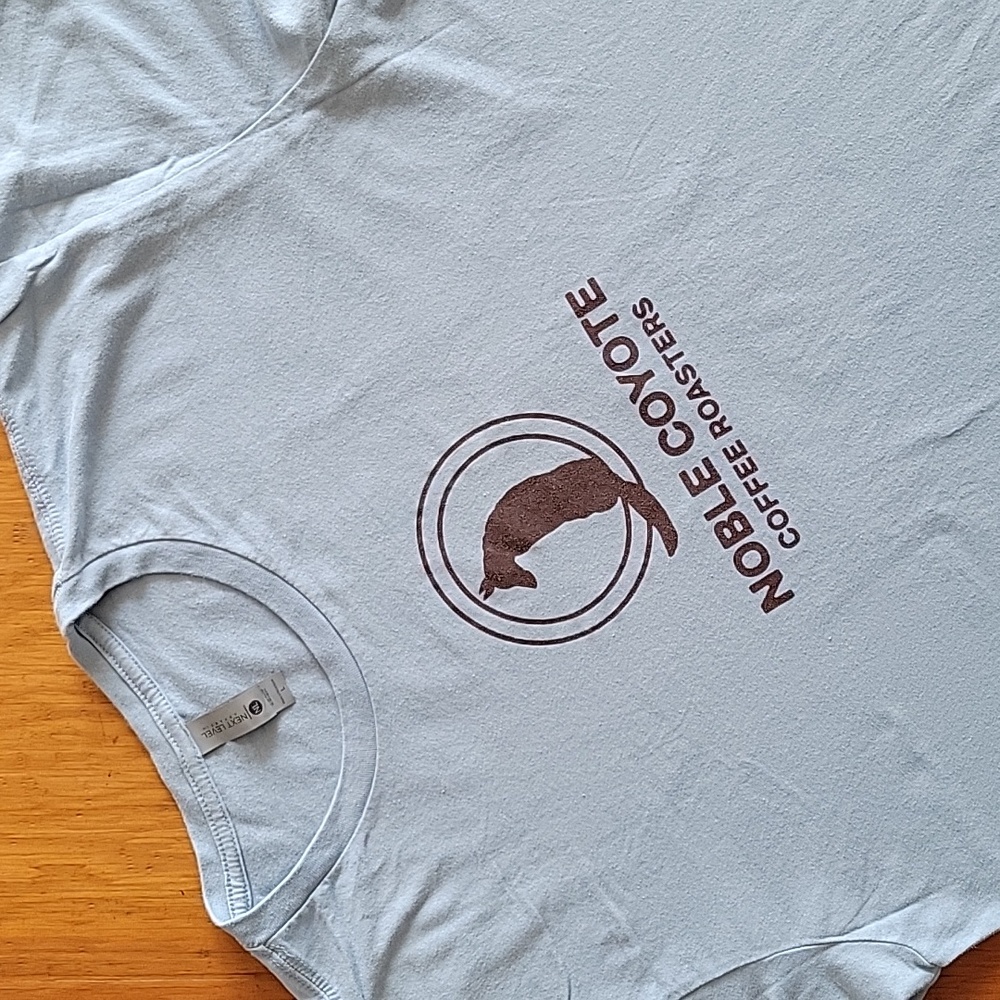 Noble Coyote Coffee Roasters T-shirt, light blue, men's large. Brand new